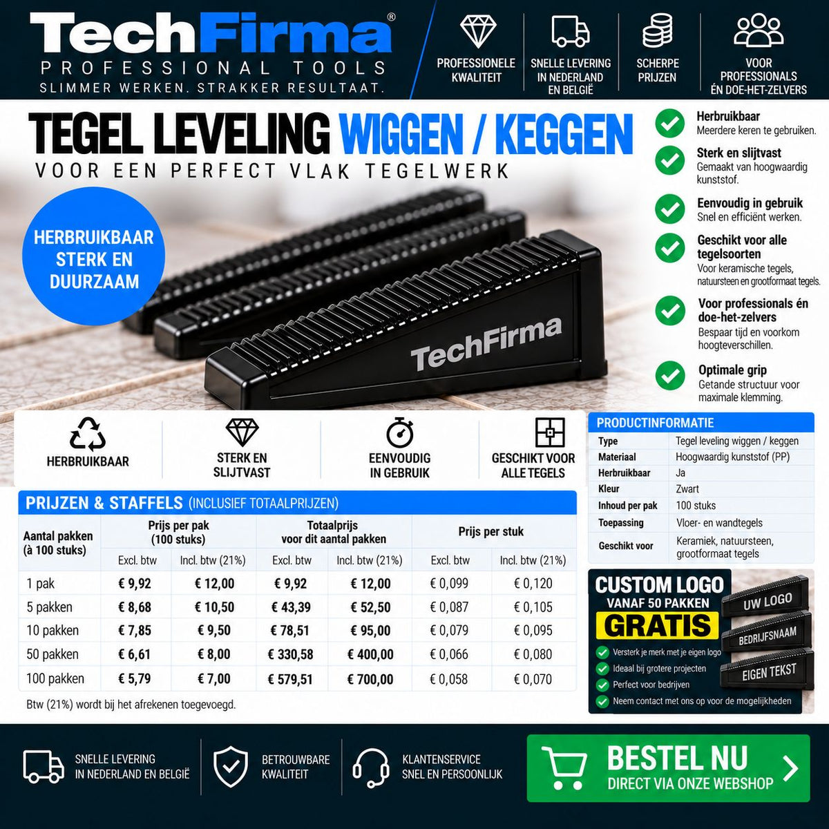 TechFirma Tegel Leveling Wiggen / Keggen – 500 stuks (5 pakken)