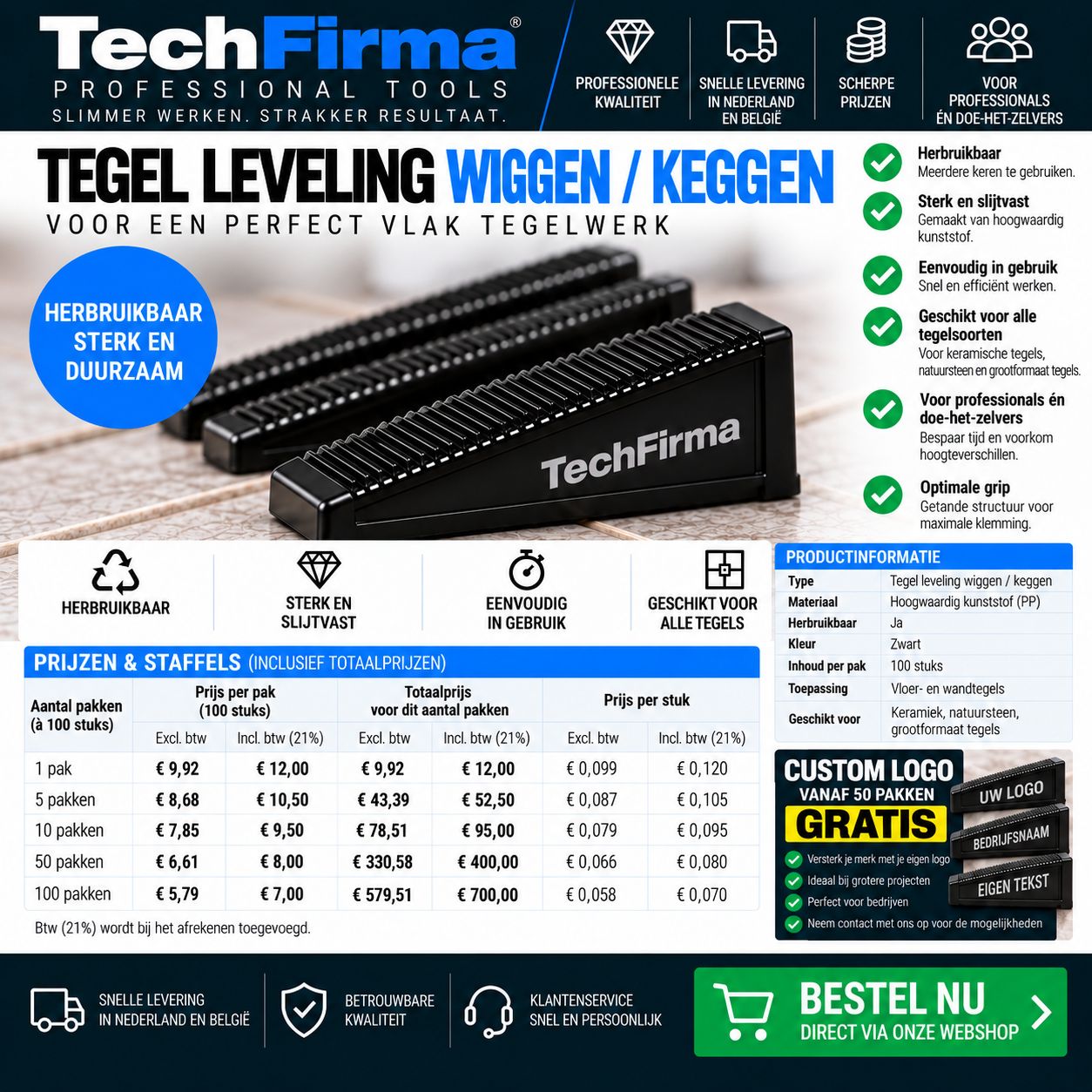 TechFirma Tegel Leveling Wiggen / Keggen – 10.000 stuks (100 pakken)
